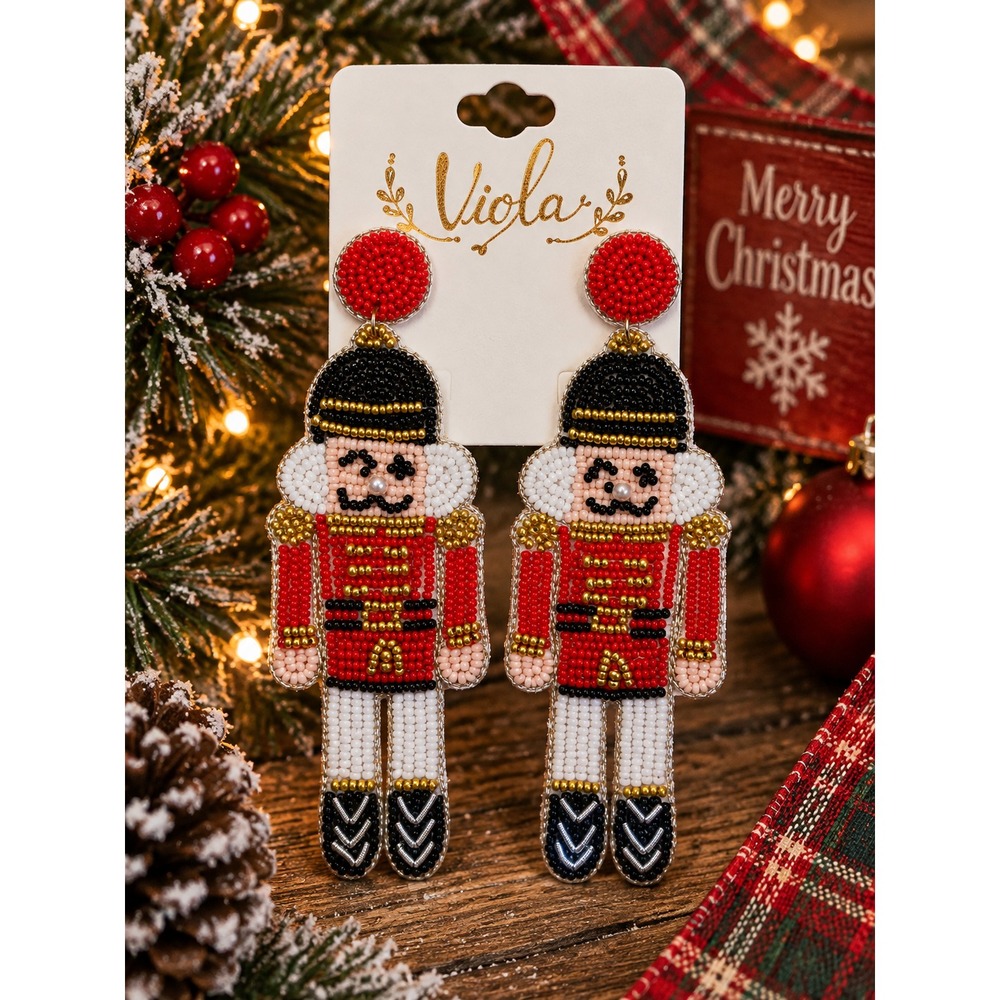 Nutcracker Seed Bead Earrings Christmas Soldier Holiday Statement Red Gold